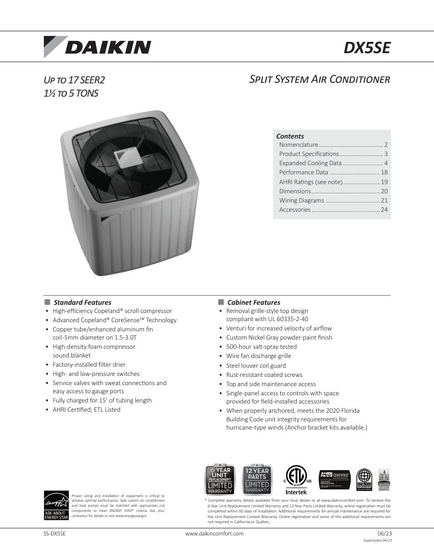 Daikin DX5SE cut sheet — first page
