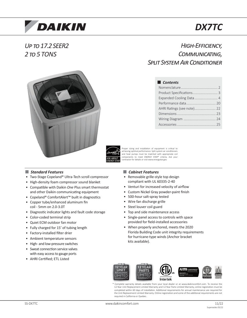 Daikin DX7TC cut sheet — first page