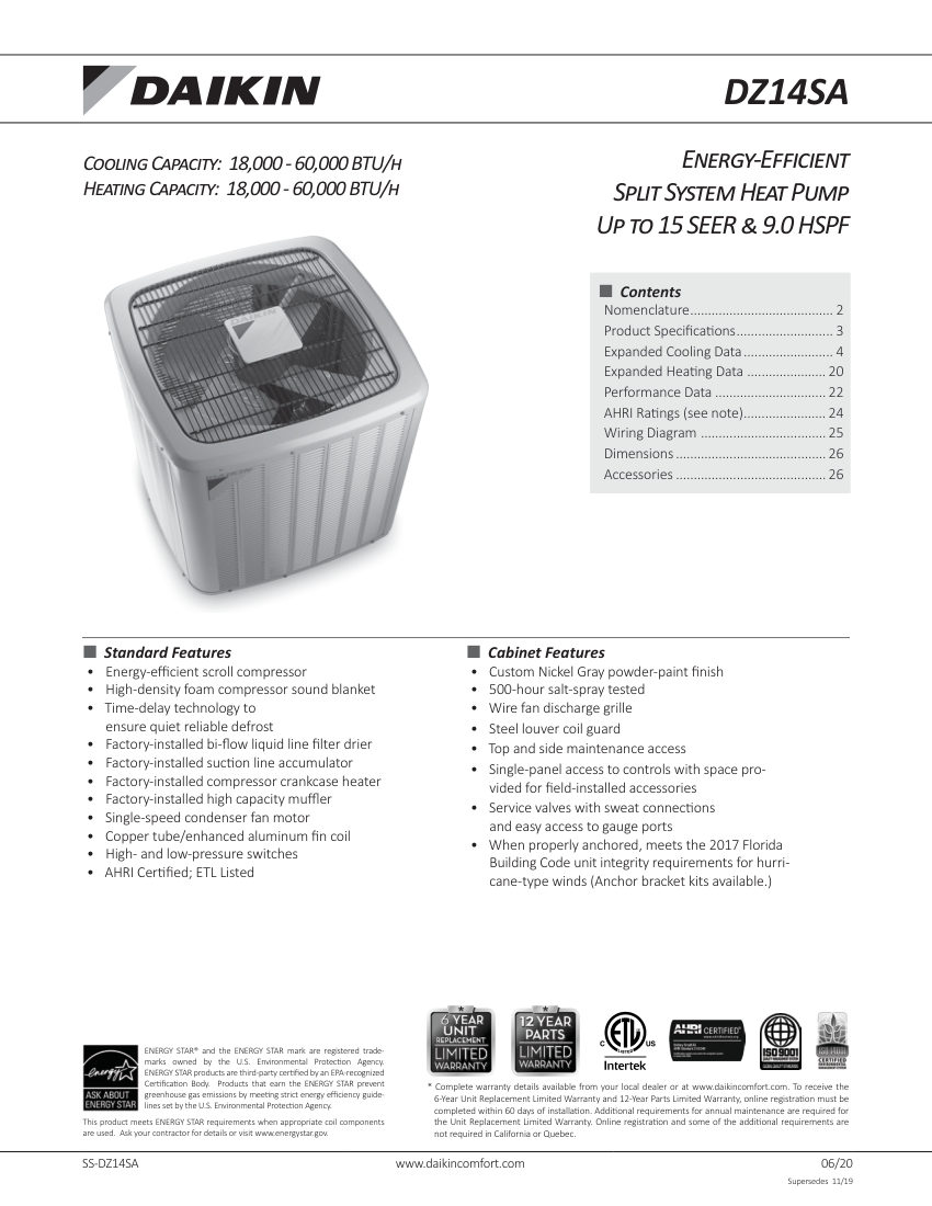 Daikin DZ14SA cut sheet — first page