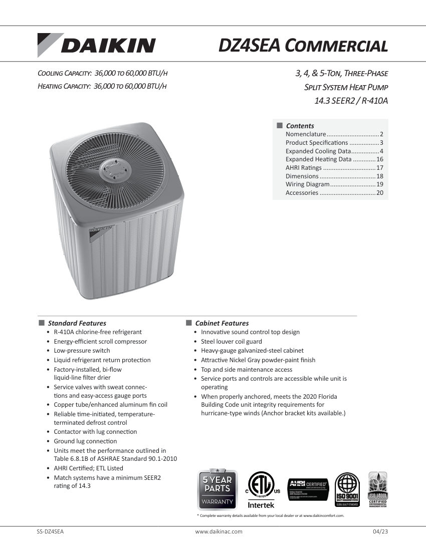Daikin DZ4SEA cut sheet — first page