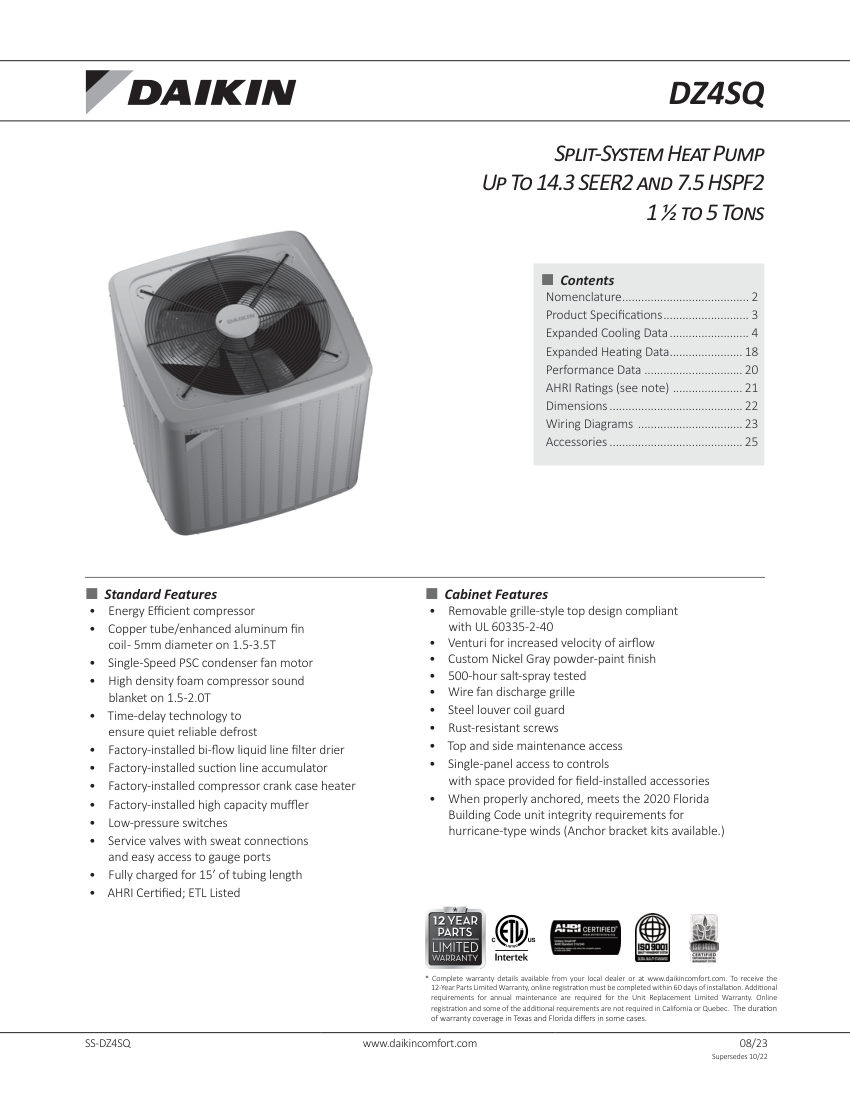 Daikin DZ4SQ cut sheet — first page