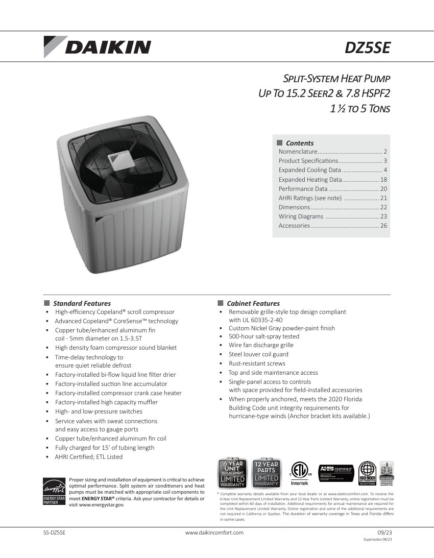 Daikin DZ5SE cut sheet — first page