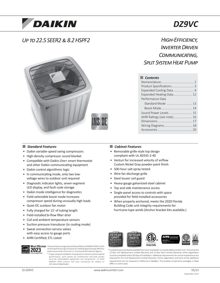 Daikin DZ9VC cut sheet — first page