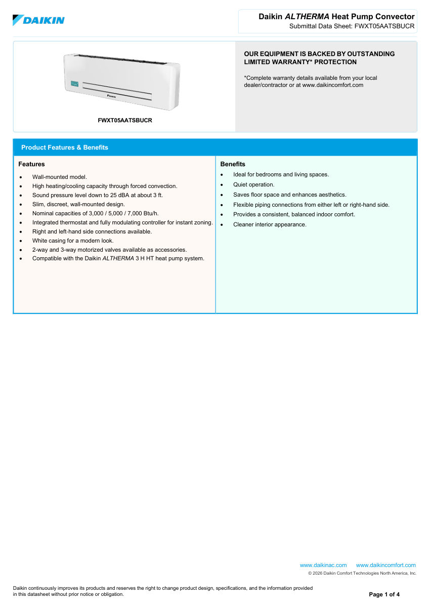 Daikin FWXT03AATSBUCL cut sheet — first page