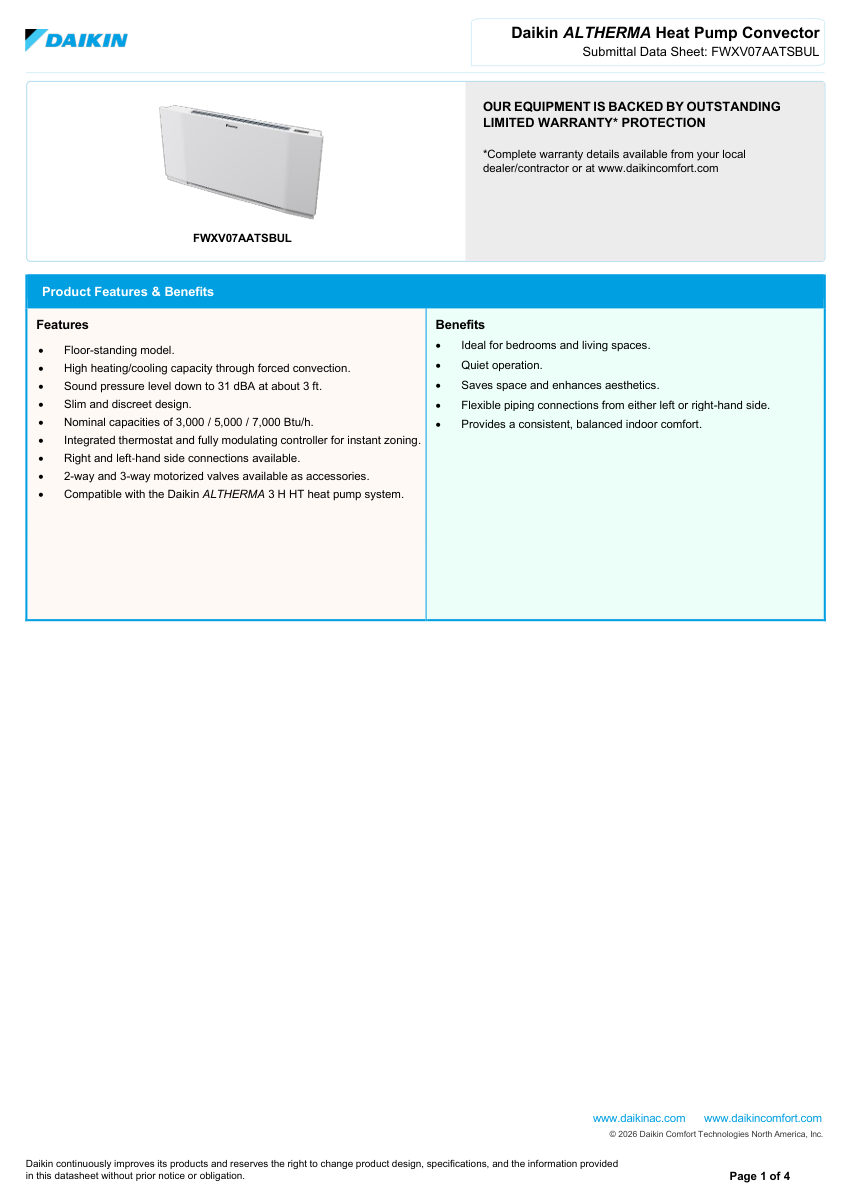 Daikin FWXV03AATSBUL cut sheet — first page