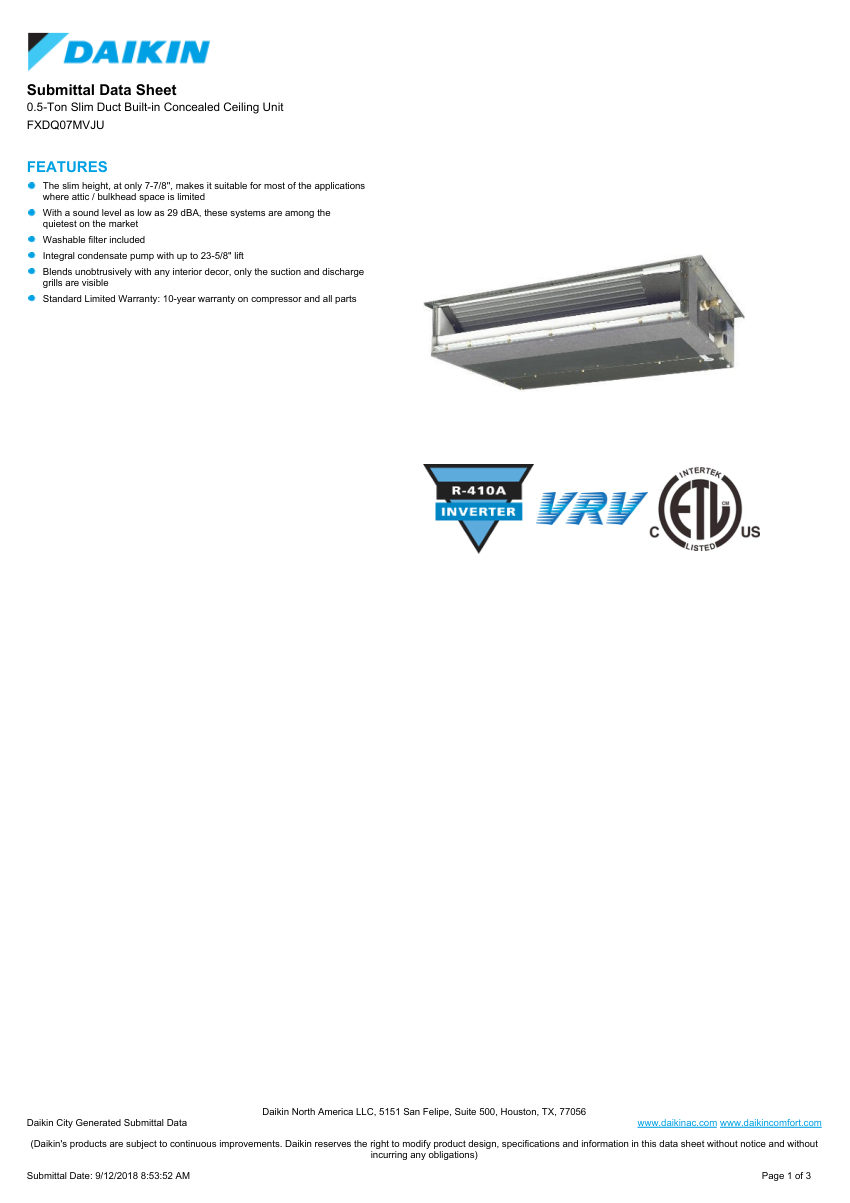 Daikin FXDQ07MVJU cut sheet — first page