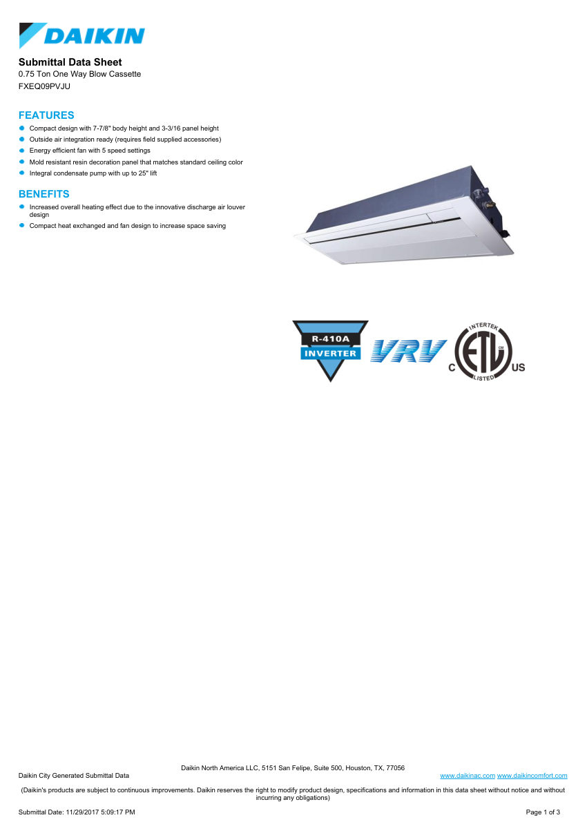 Daikin FXEQ09PVJU cut sheet — first page