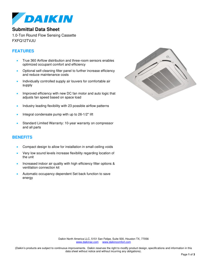 Daikin FXFQ12TVJU cut sheet — first page