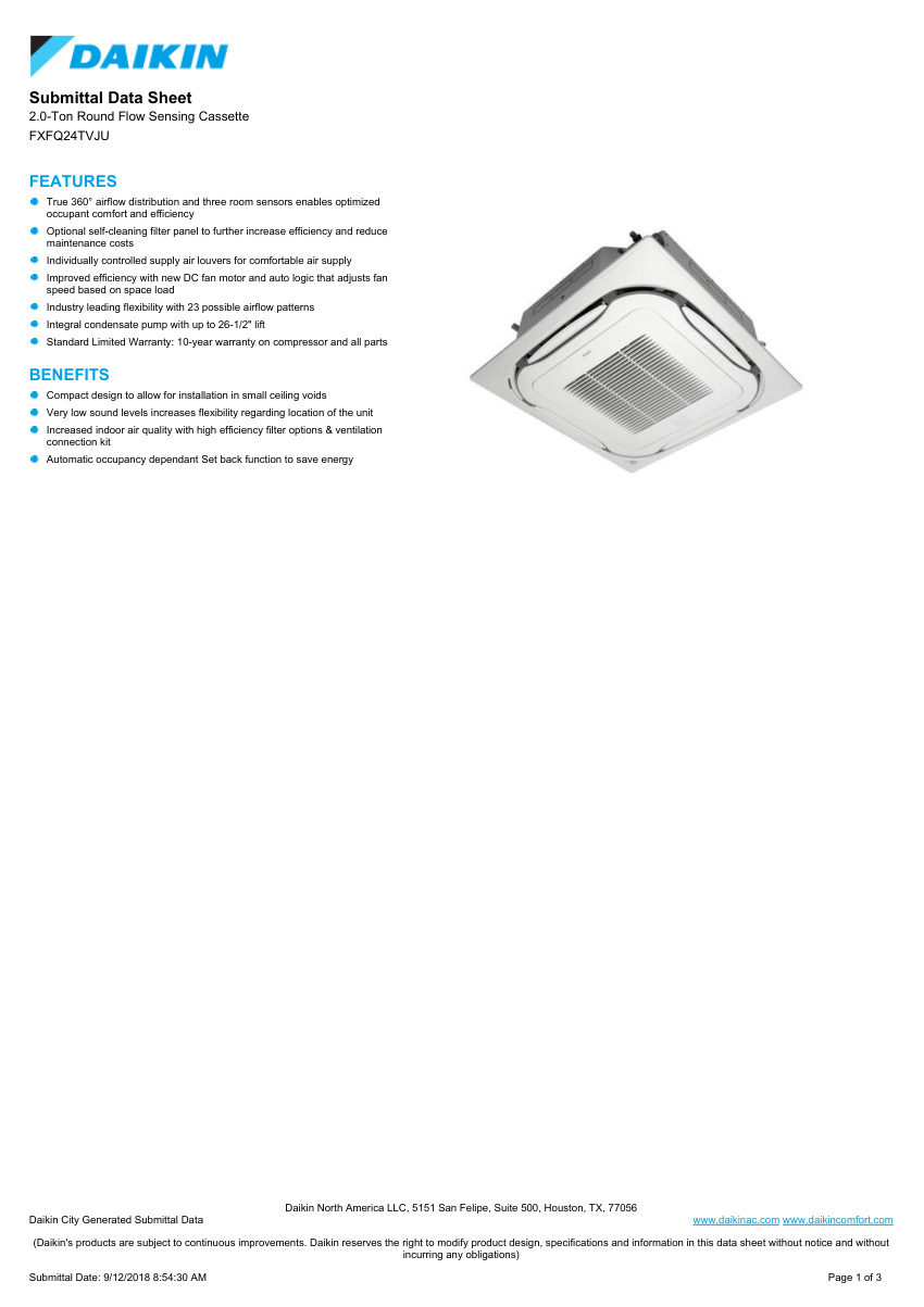 Daikin FXFQ24TVJU cut sheet — first page