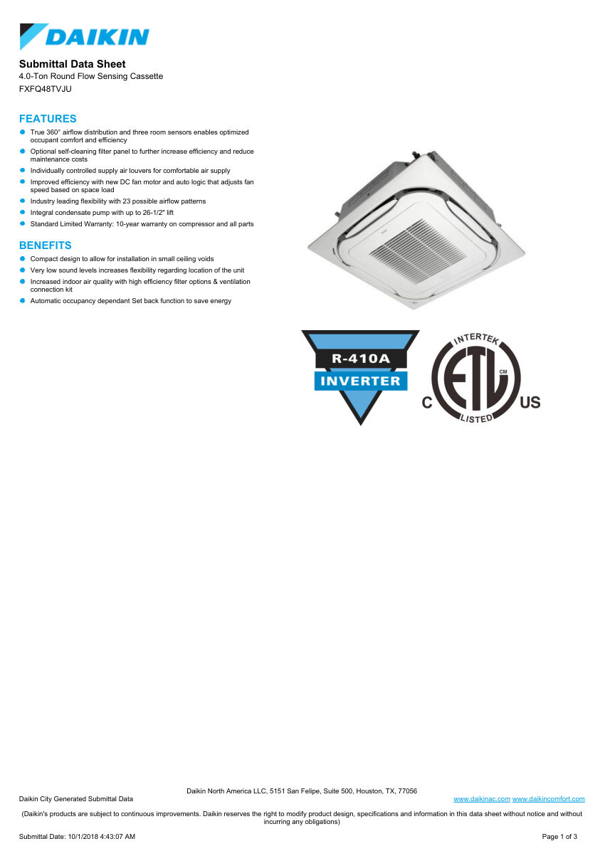 Daikin FXFQ48TVJU cut sheet — first page