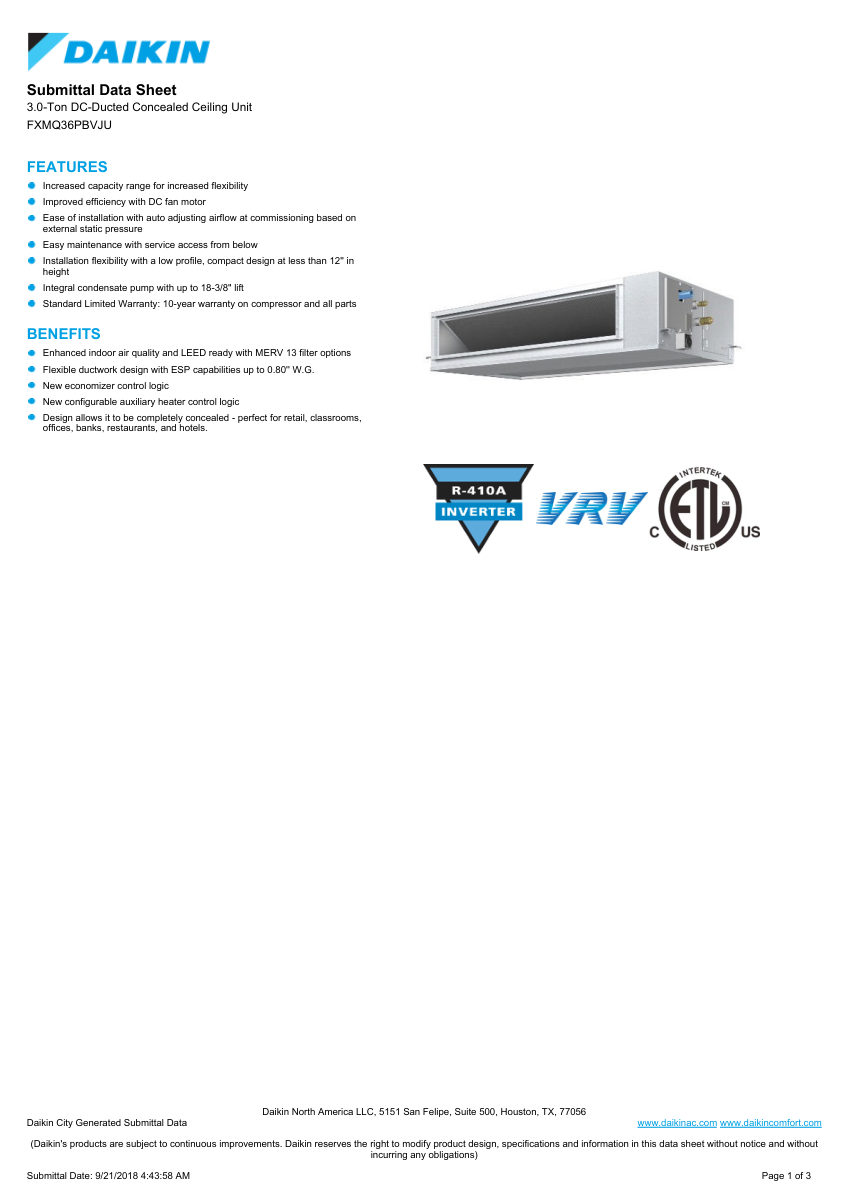 Daikin FXMQ36PBVJU cut sheet — first page