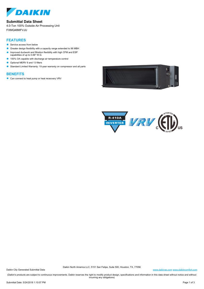 Daikin FXMQ48MFVJU cut sheet — first page