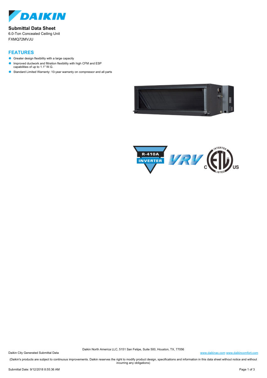 Daikin FXMQ72MVJU cut sheet — first page