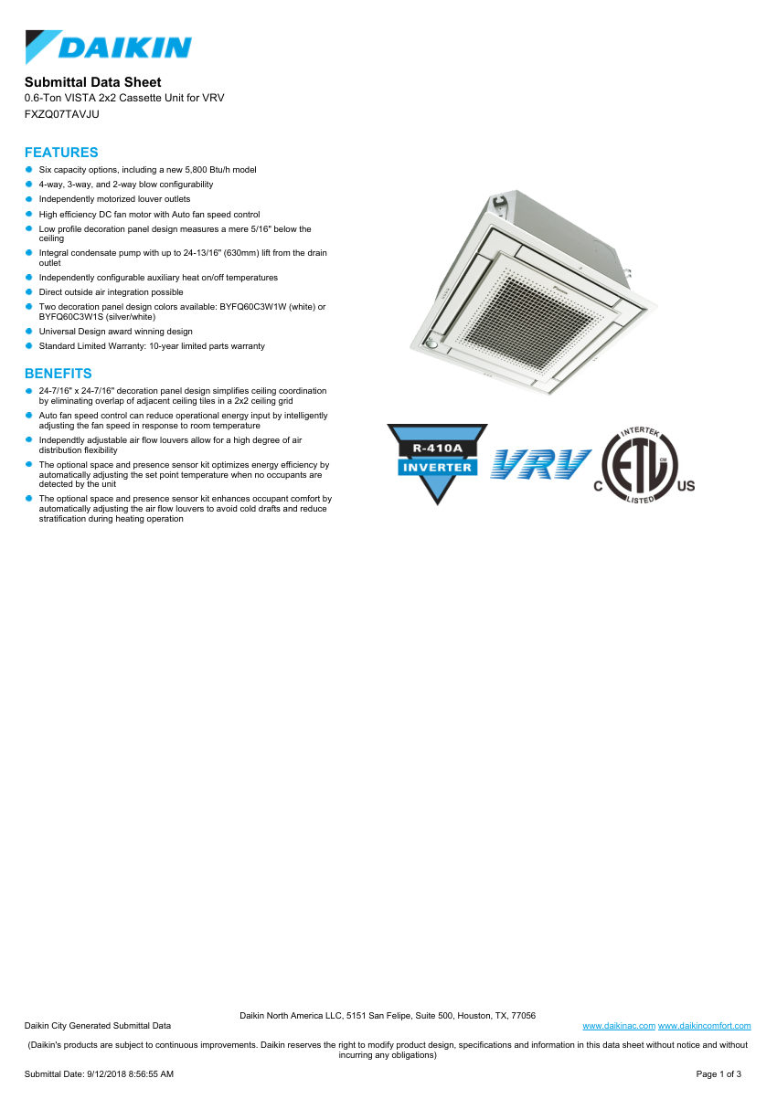 Daikin FXZQ07TAVJU cut sheet — first page