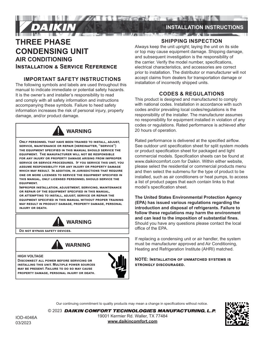 Daikin IOD-4046A cut sheet — first page