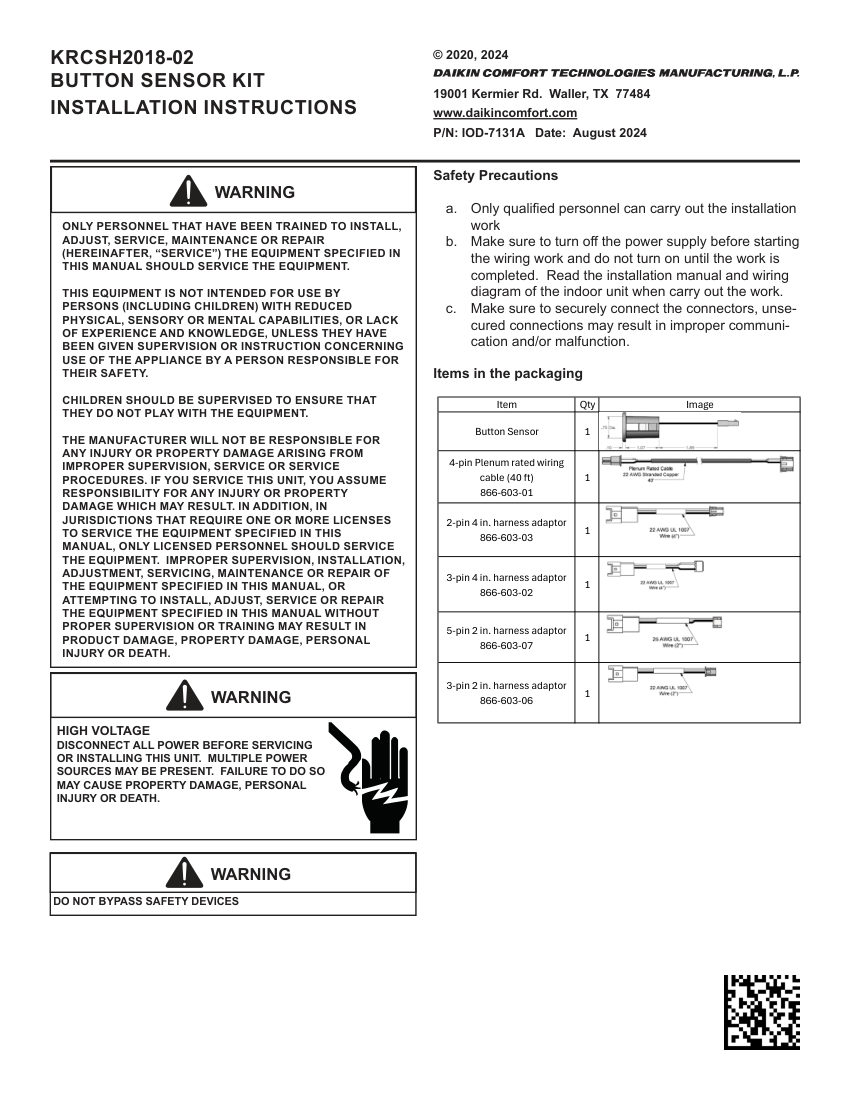 Daikin KRCSH2018-02 cut sheet — first page