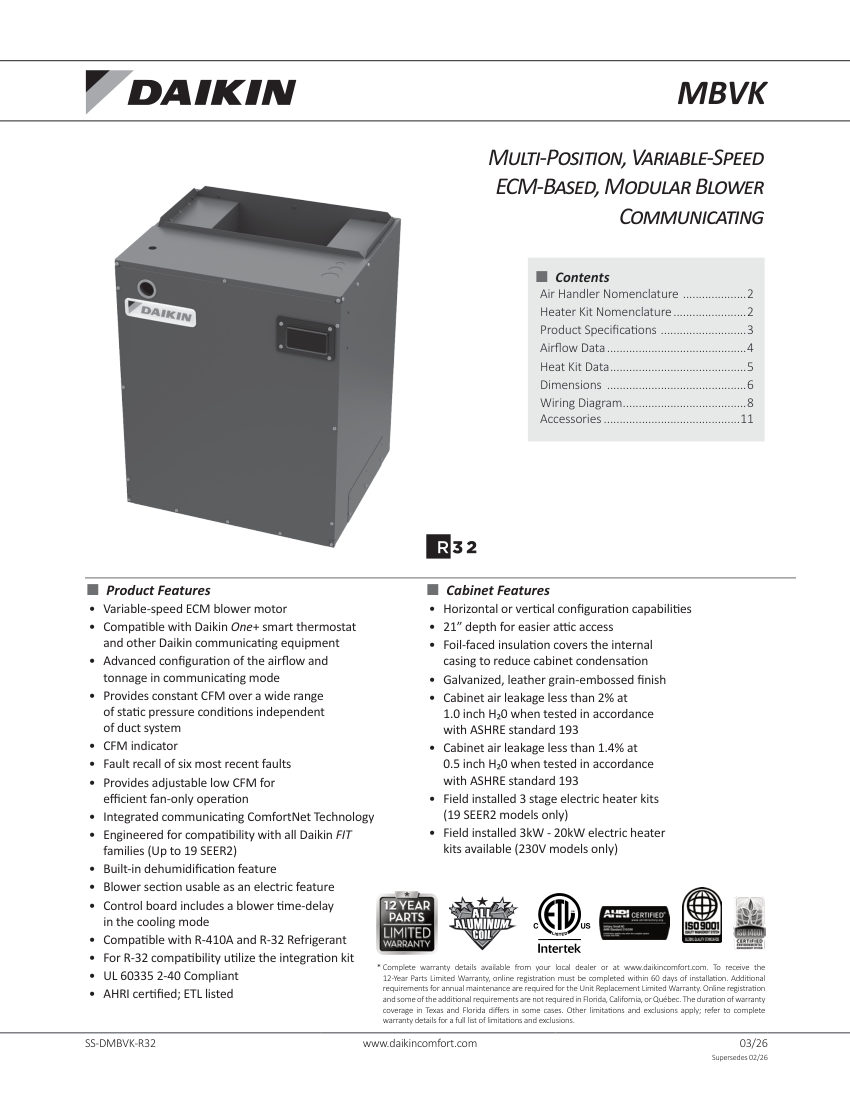 Daikin MBVK12BP1X00 cut sheet — first page