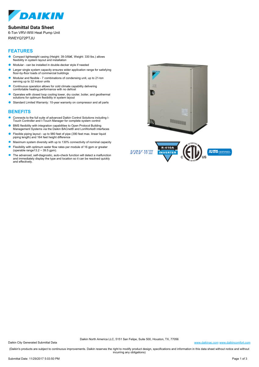 Daikin RWEYQ72PTJU cut sheet — first page