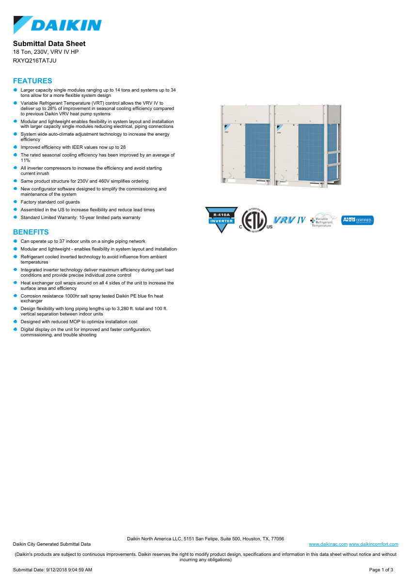 Daikin RXYQ216TATJU cut sheet — first page