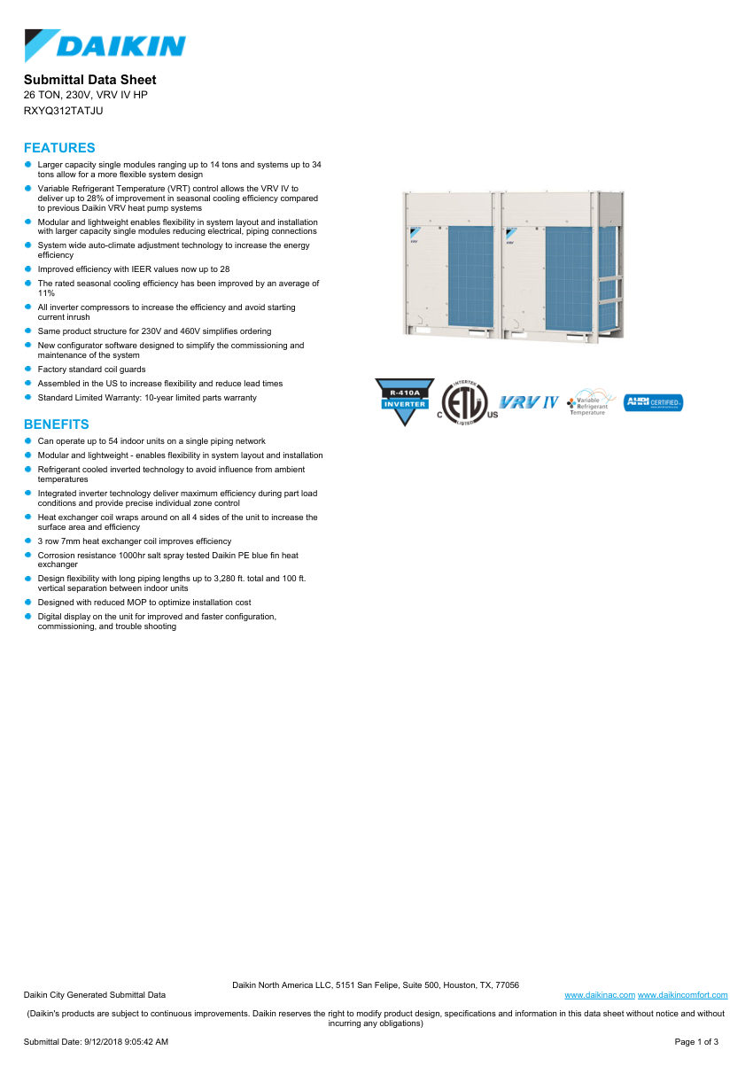 Daikin RXYQ312TATJU cut sheet — first page