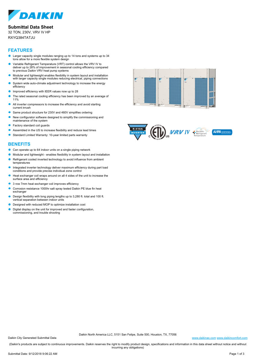 Daikin RXYQ384TATJU cut sheet — first page