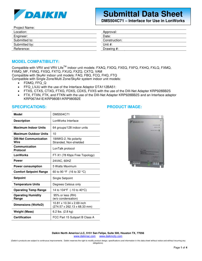 Daikin SDS-DMS504C71 cut sheet — first page