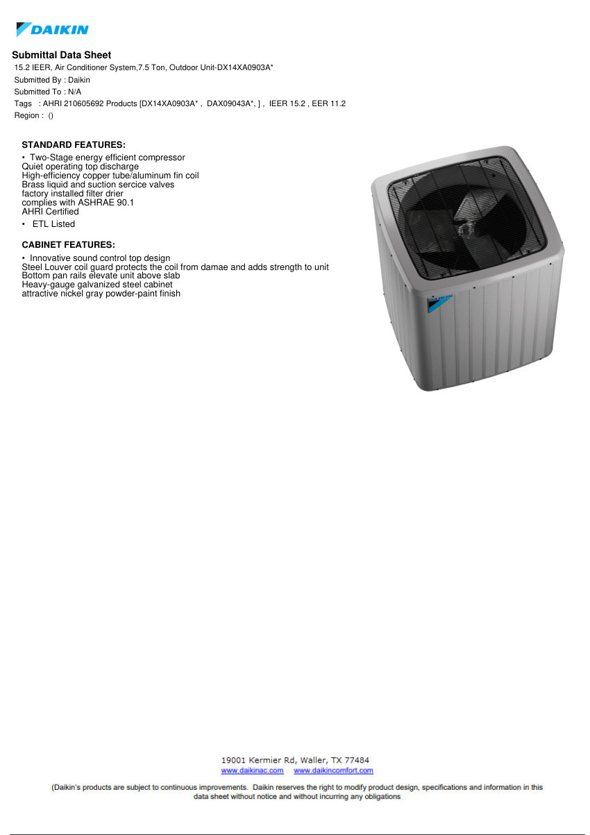 Daikin SDS-DX14XA0903 cut sheet — first page