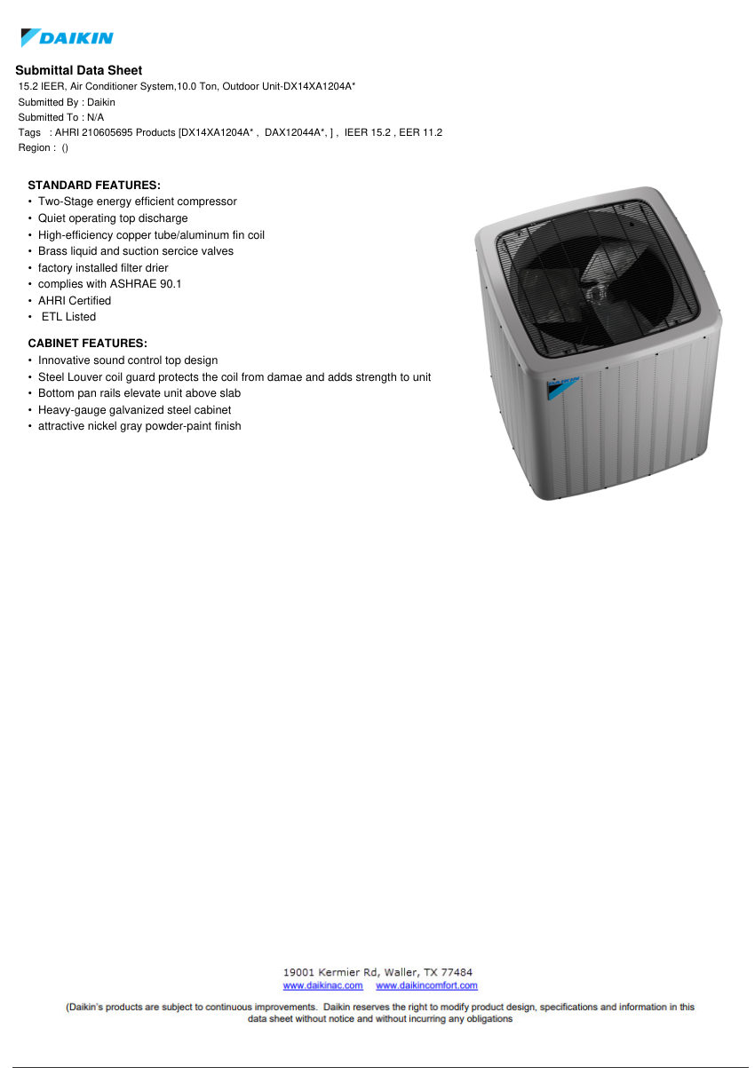 Daikin SDS-DX14XA1204 cut sheet — first page