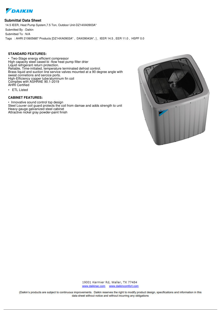 Daikin SDS-DZ14XA0903 cut sheet — first page