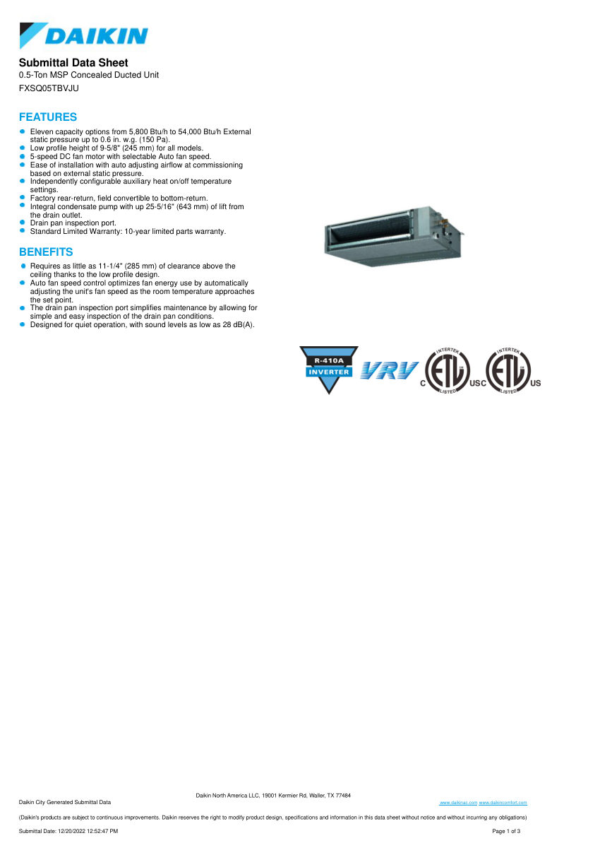 Daikin SDS-FXSQ05TBVJU cut sheet — first page