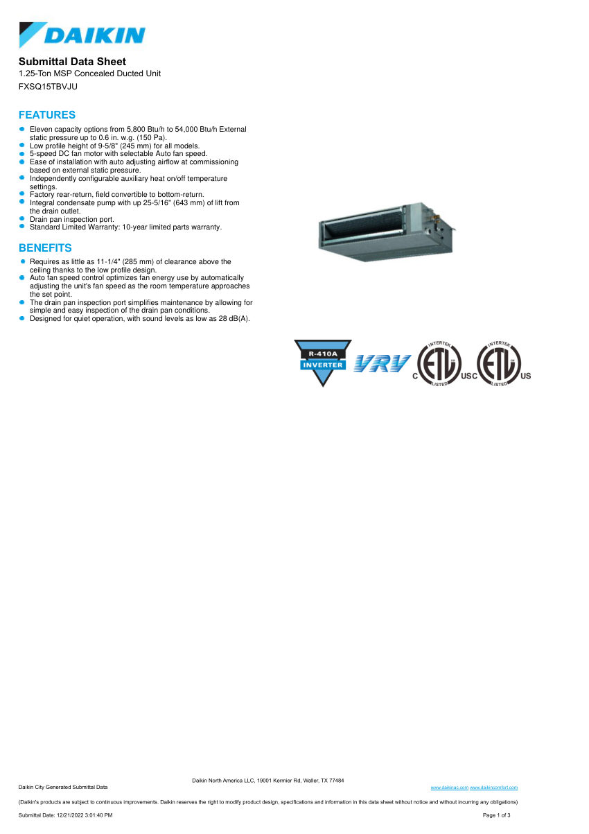 Daikin SDS-FXSQ15TBVJU cut sheet — first page