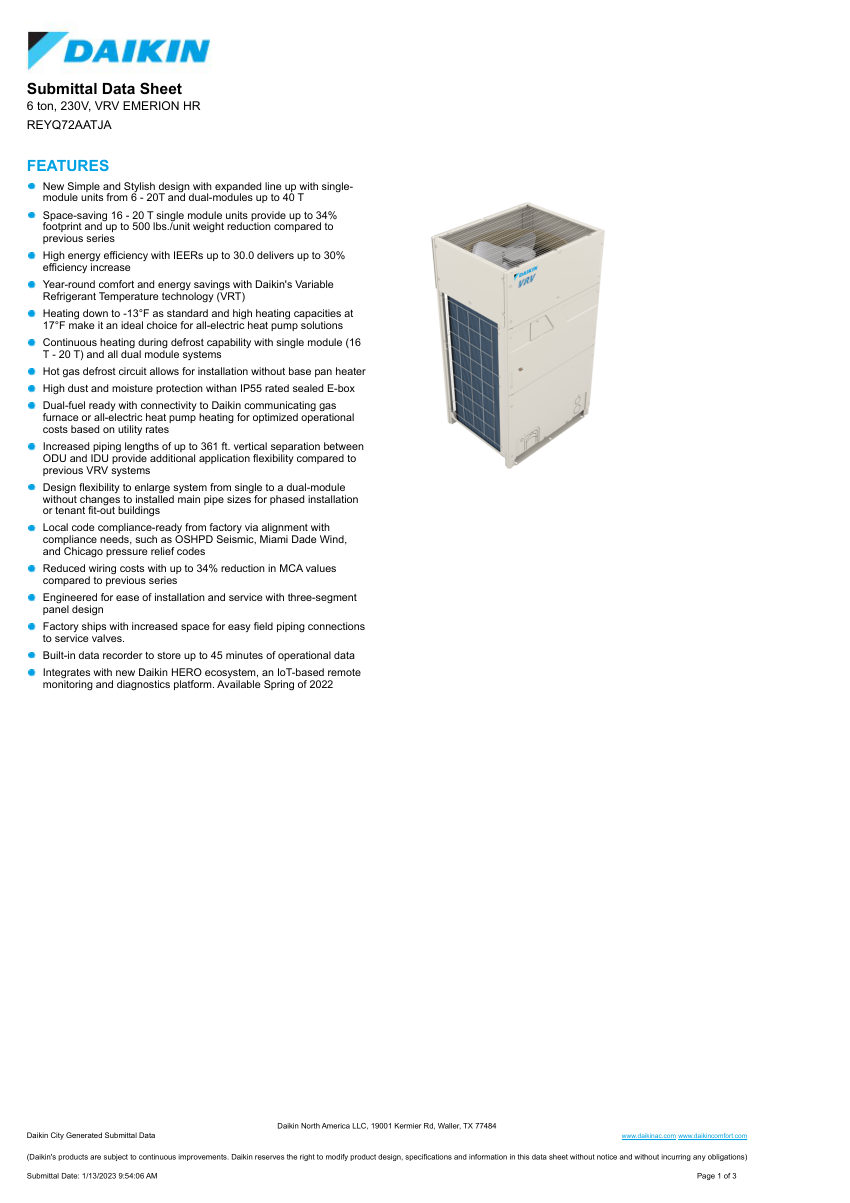 Daikin SDS-REYQ72AATJA cut sheet — first page