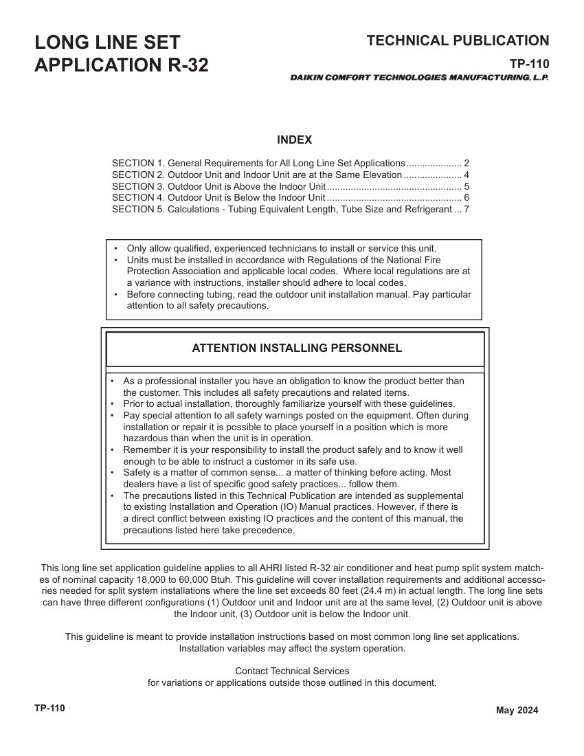 Daikin TP-110 cut sheet — first page