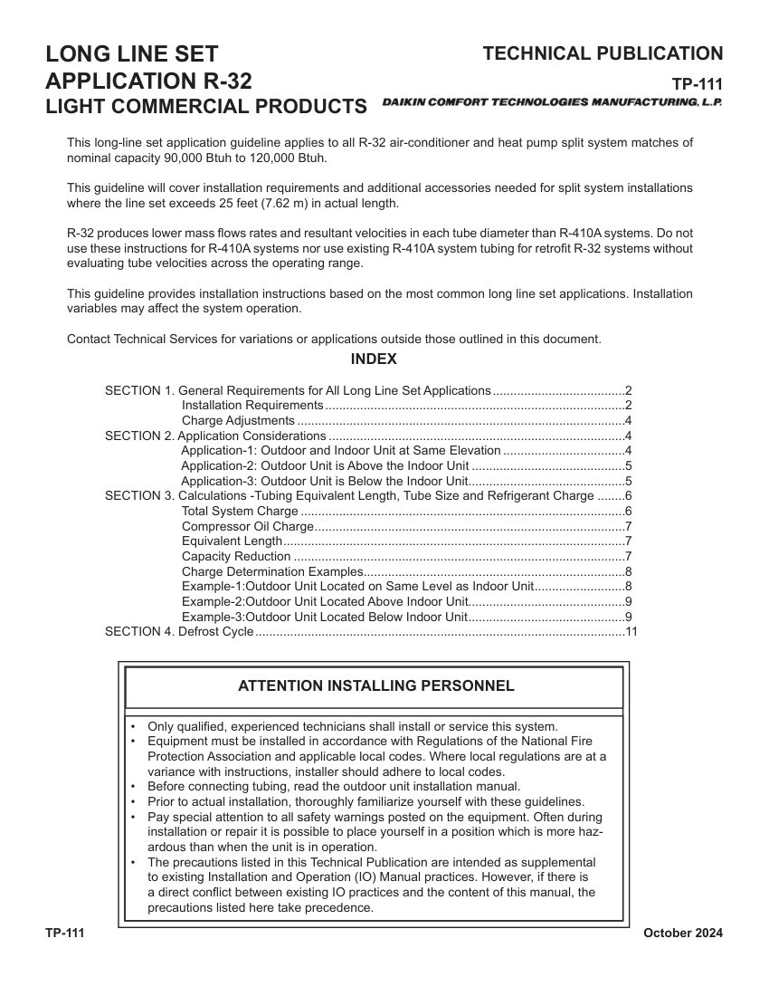 Daikin TP-111 cut sheet — first page