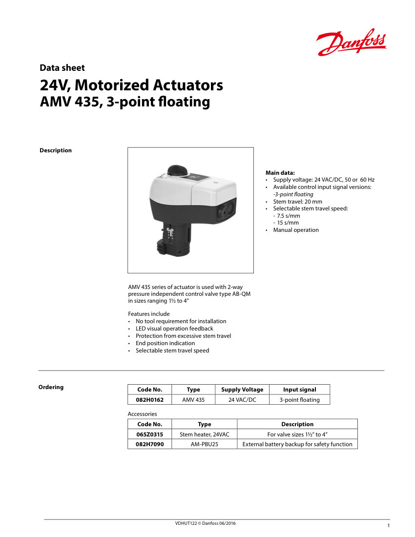 Danfoss 082H0162 cut sheet — first page