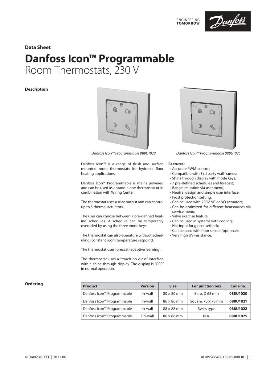Danfoss 088U1020 cut sheet — first page