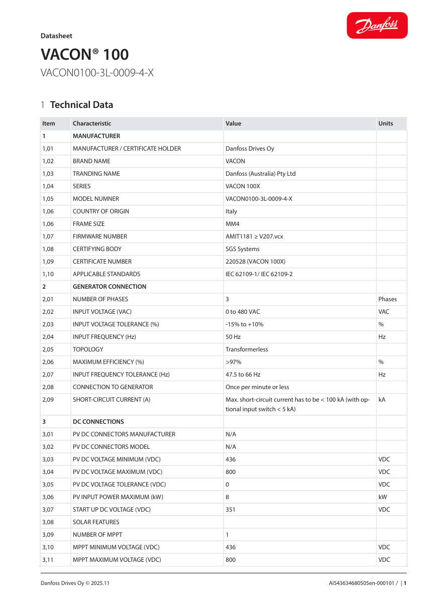 Danfoss AI543634680505en-000101 cut sheet — first page