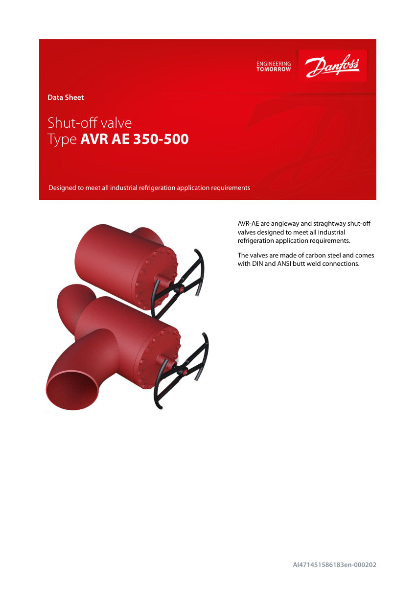 Danfoss AVR-AE-350-500 cut sheet — first page