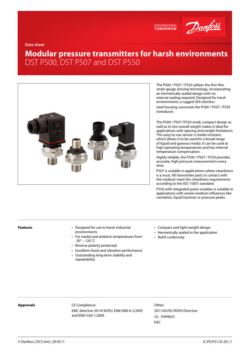 Danfoss DST-P500 cut sheet — first page