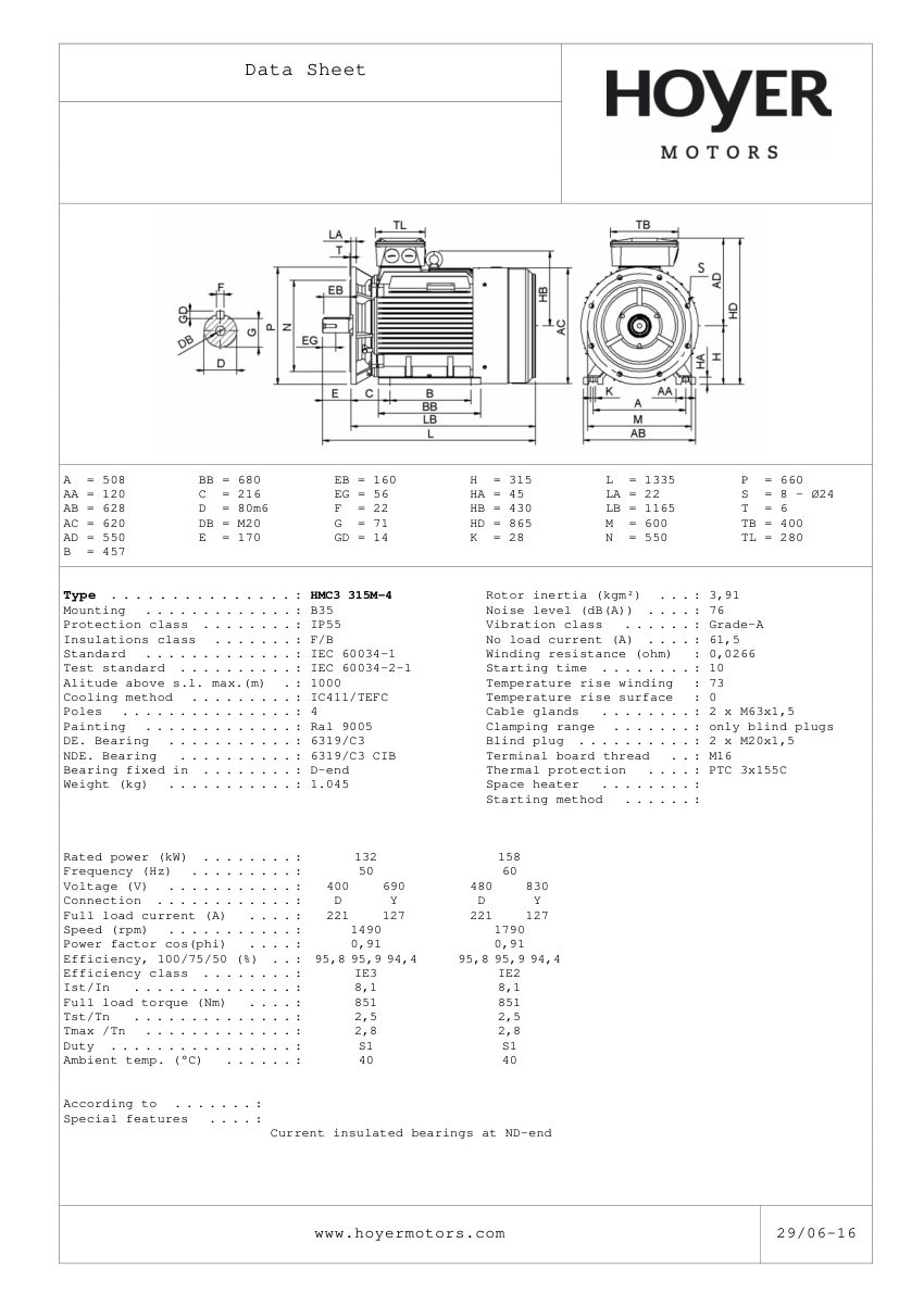 Danfoss HMC3-315M-4 cut sheet — first page