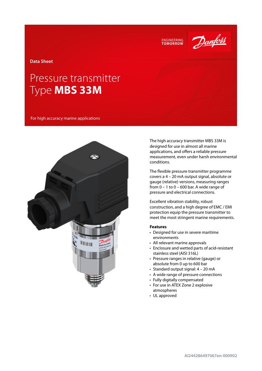 Danfoss MBS-33M cut sheet — first page