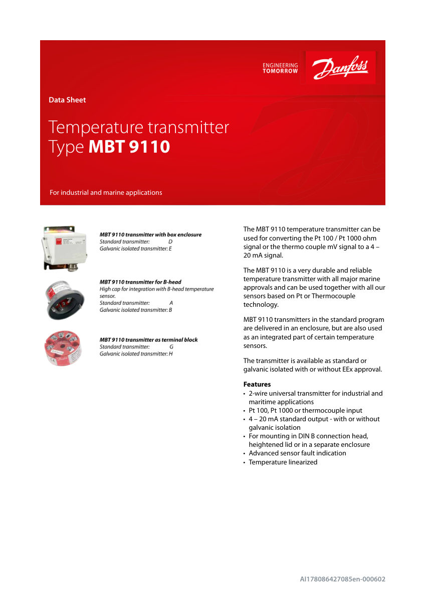 Danfoss MBT-9110 cut sheet — first page