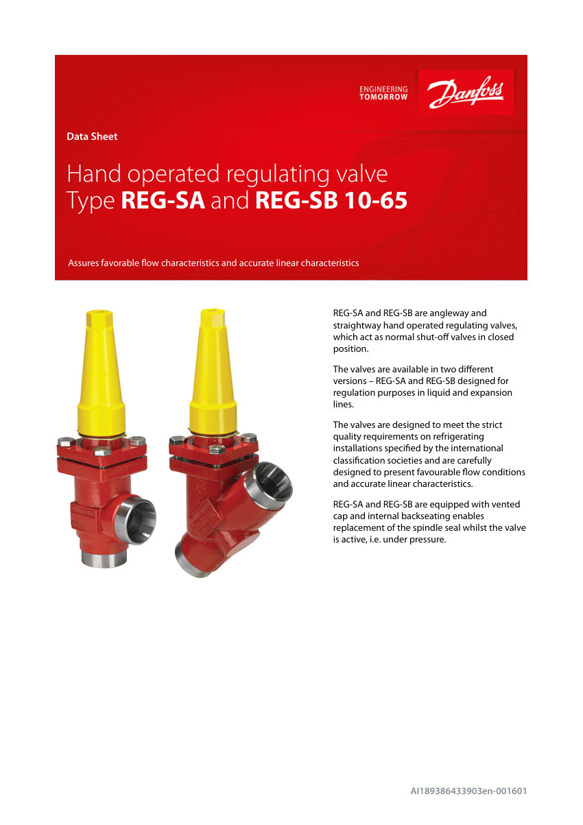 Danfoss REG-SA cut sheet — first page
