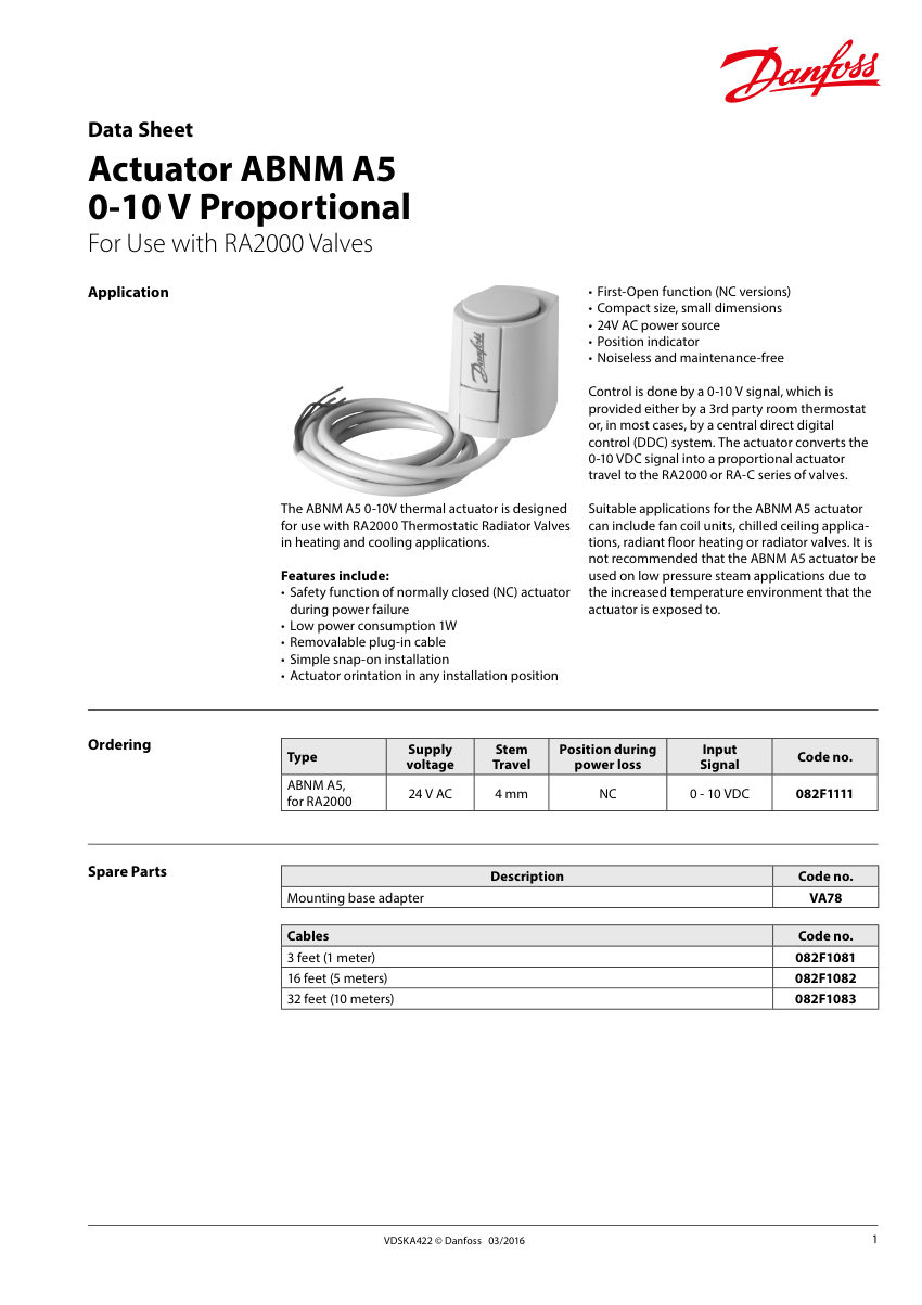 Danfoss VA78 cut sheet — first page