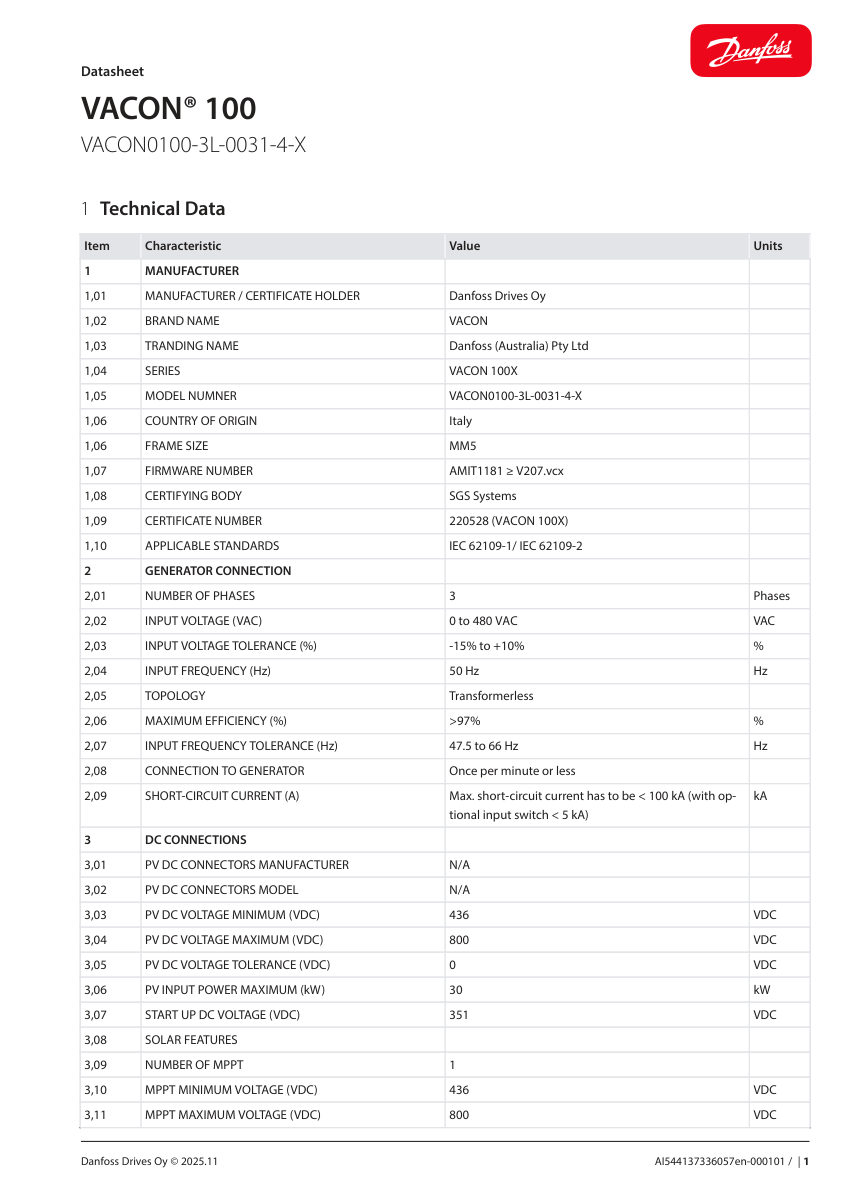 Danfoss VACON0100-3L-0031-4-X cut sheet — first page