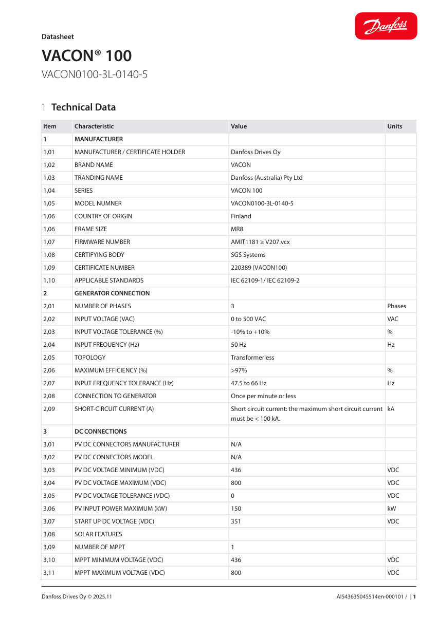 Danfoss VACON0100-3L-0140-5 cut sheet — first page