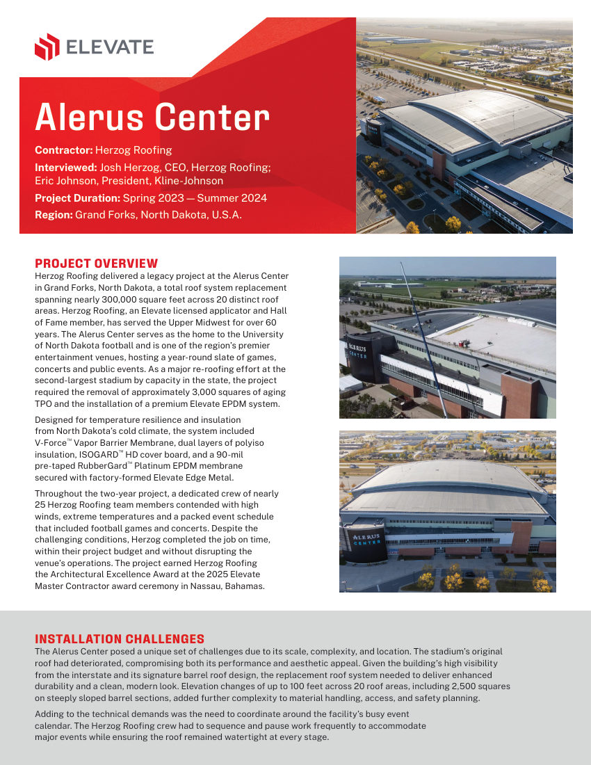 Elevate Alerus Center - Project Profile cut sheet — first page