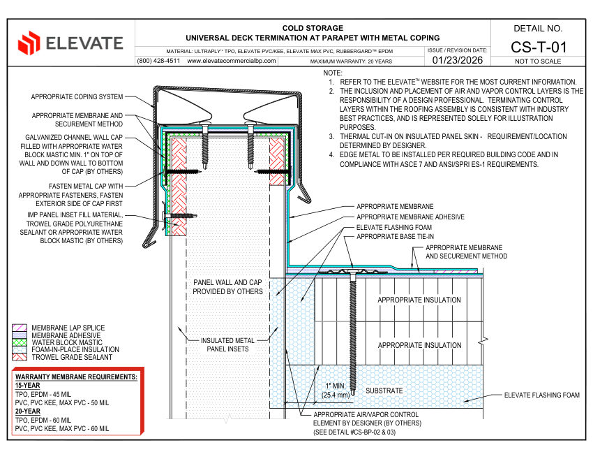Elevate CS-T-01 - COLD STORAGE - UNIVERSAL DECK TERMINATION AT PARAP cut sheet — first page