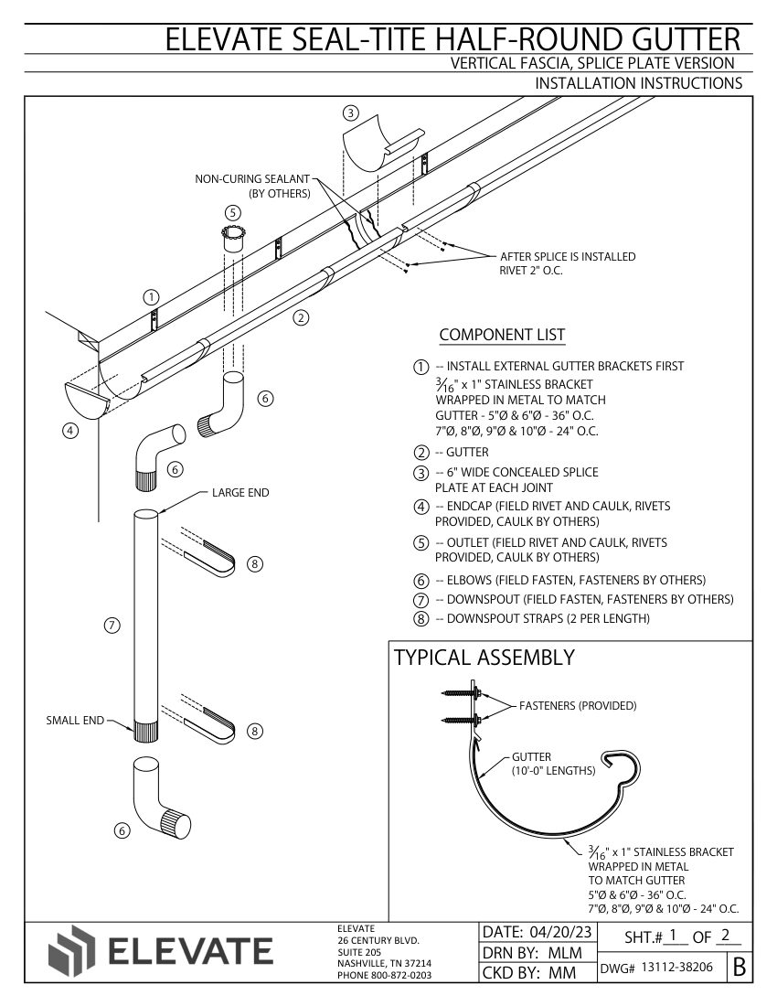 Elevate Elevate Seal-Tite Half Round Gutter - Vertical Fascia - Spli cut sheet — first page