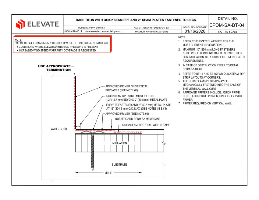 Elevate EPDM-SA-BT-4 - BASE TIE-IN WITH QUICKSEAM RPF AND 2" METAL P cut sheet — first page